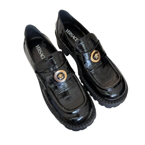 Versace Women’s Black croc-embossed Leather Medusa Mocassino Loafers, sizes - Picture 5 of 16